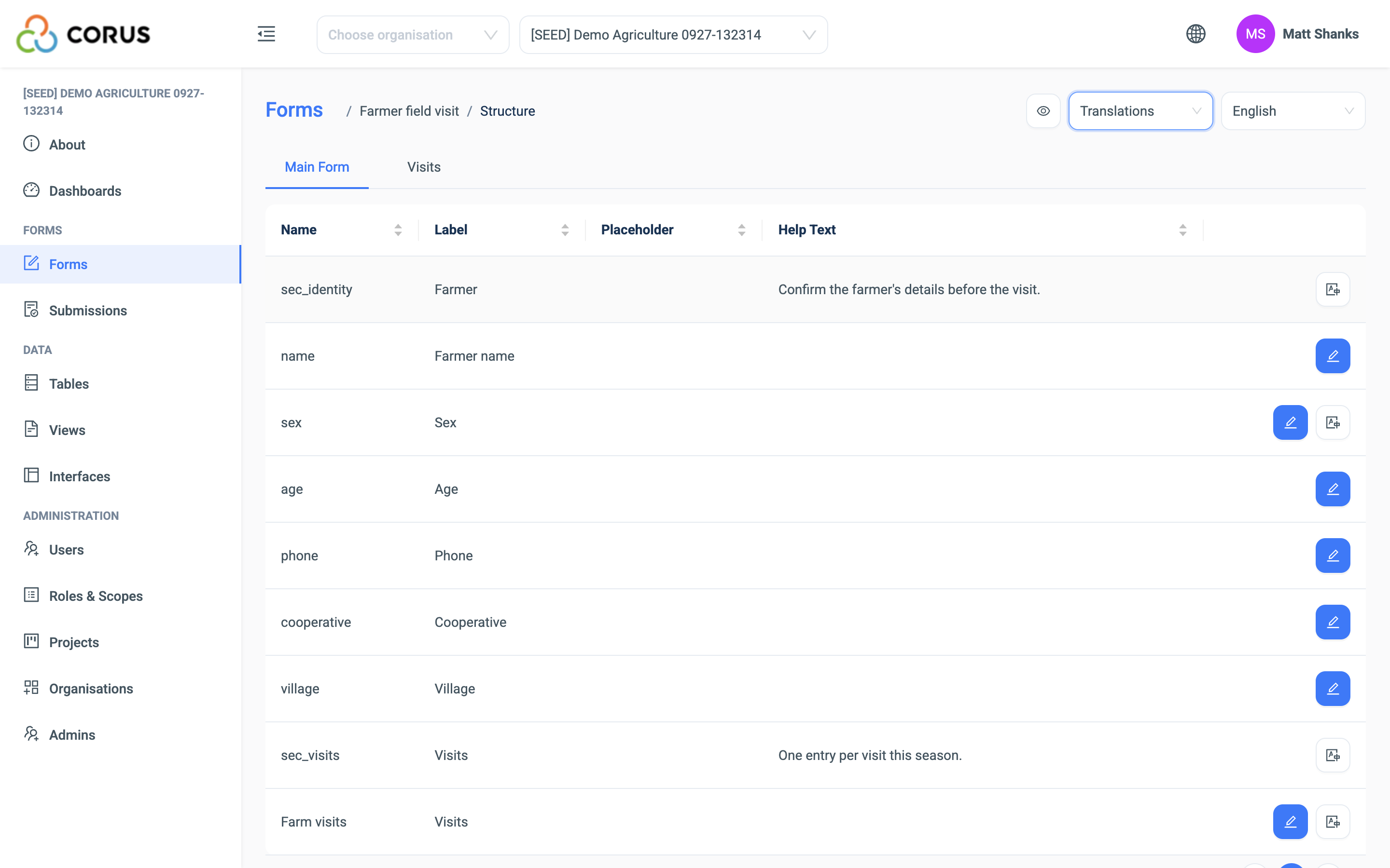 The Translations view