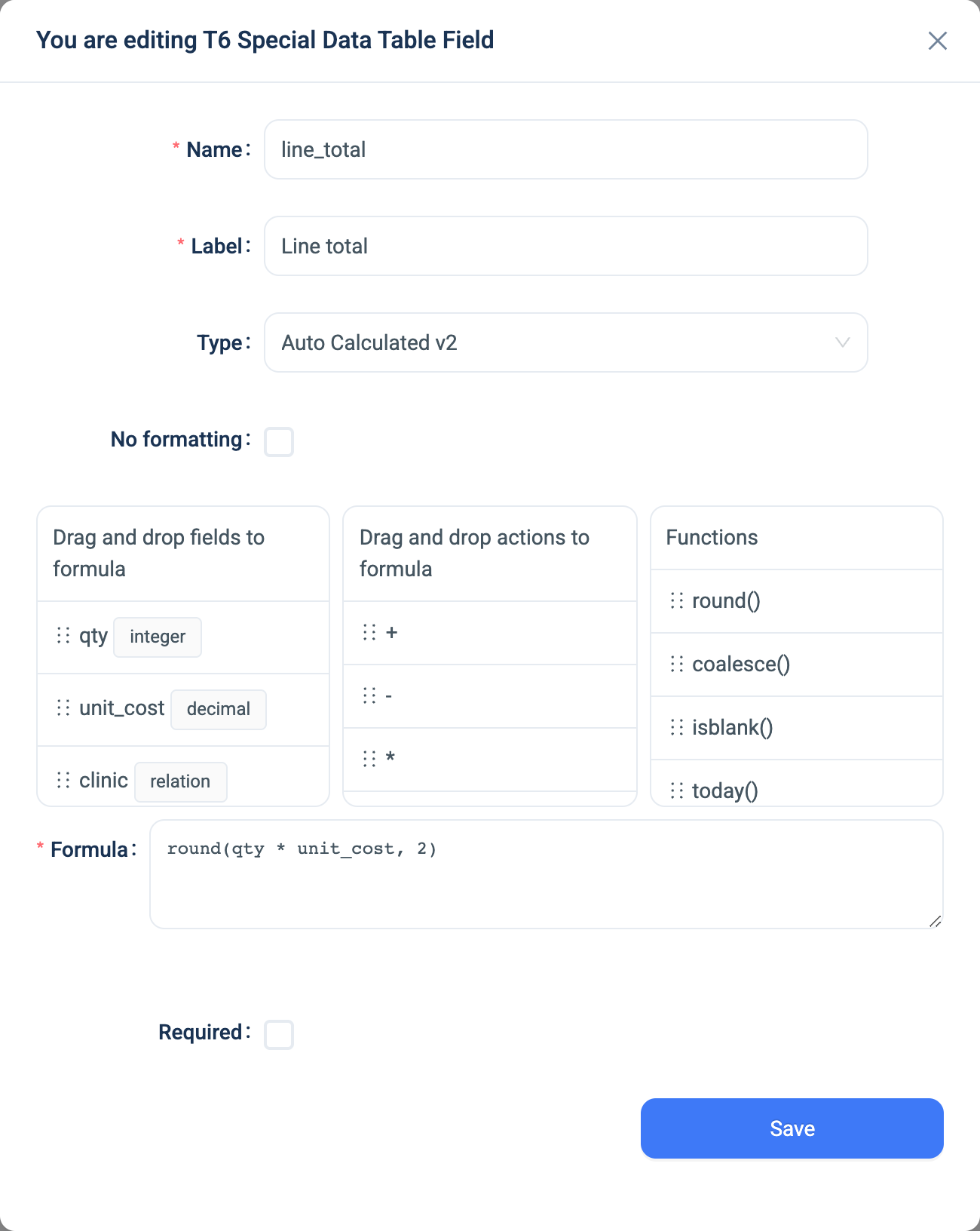 The settings dialogue for an Auto Calculated field, on the web
