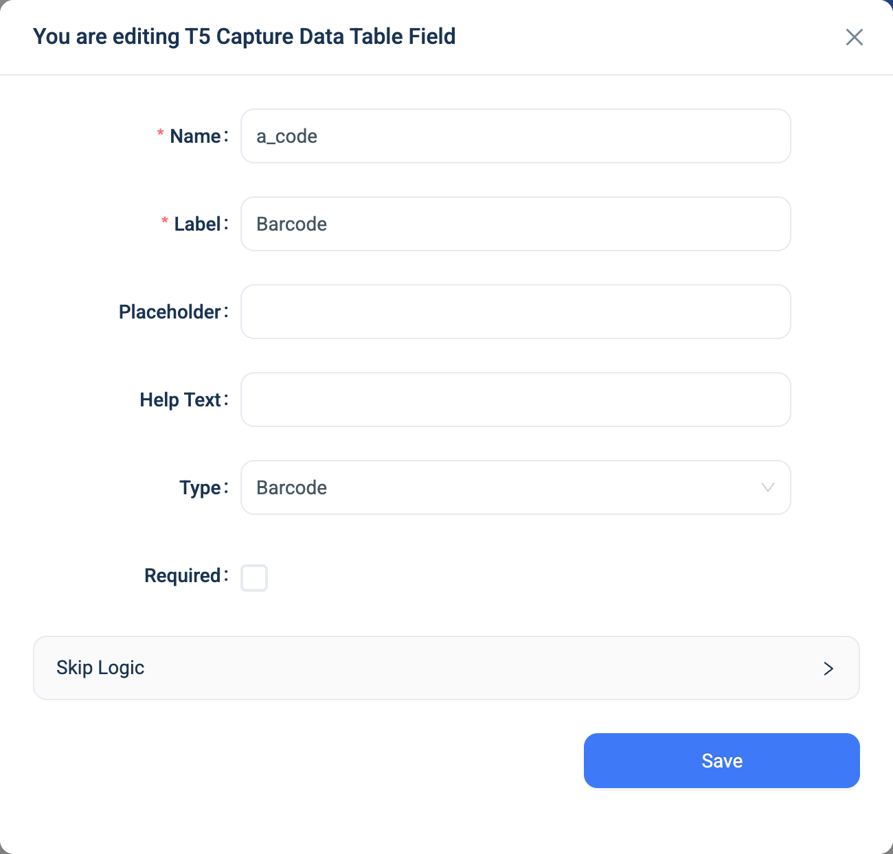 The settings dialogue for a Barcode question