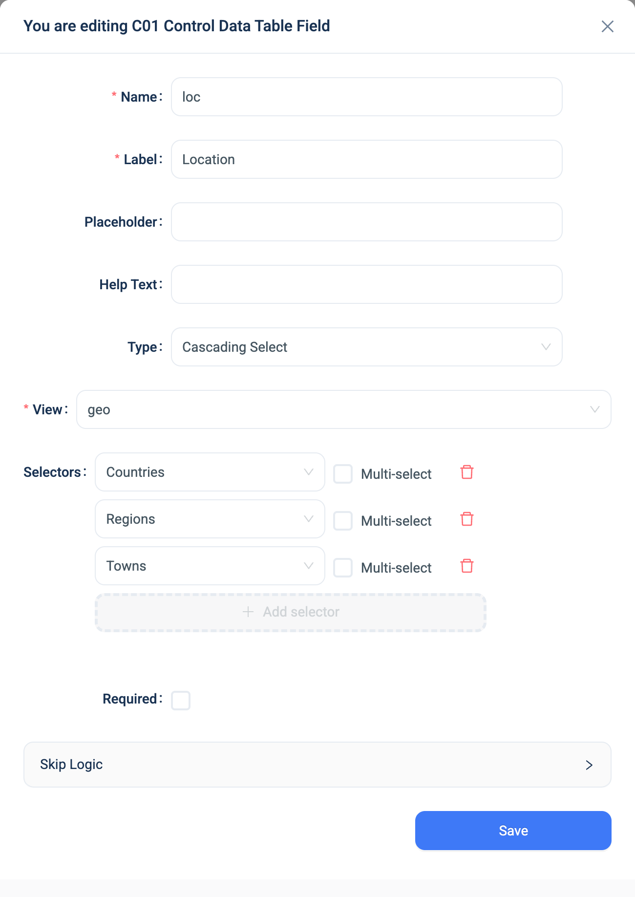 The settings dialogue for a Cascading Select question