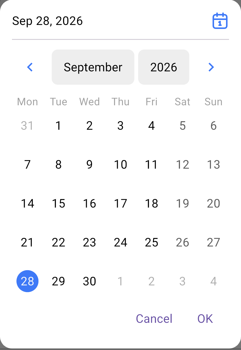 The calendar in the 3D app