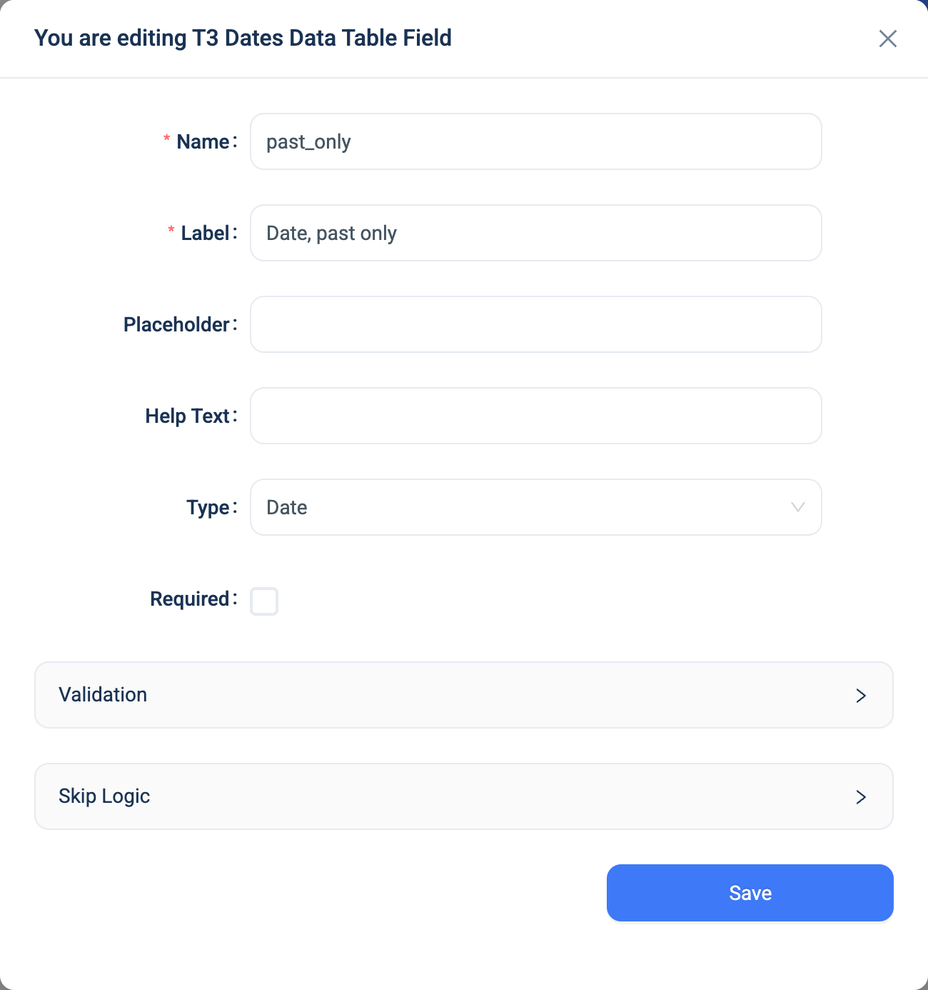The settings dialogue for a Date question
