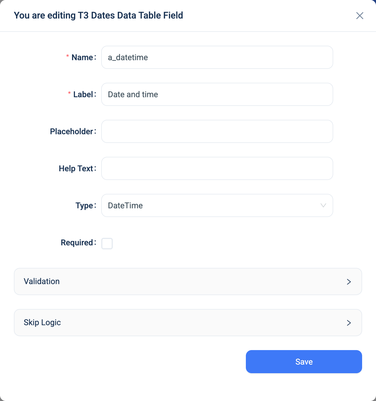 The settings dialogue for a DateTime question