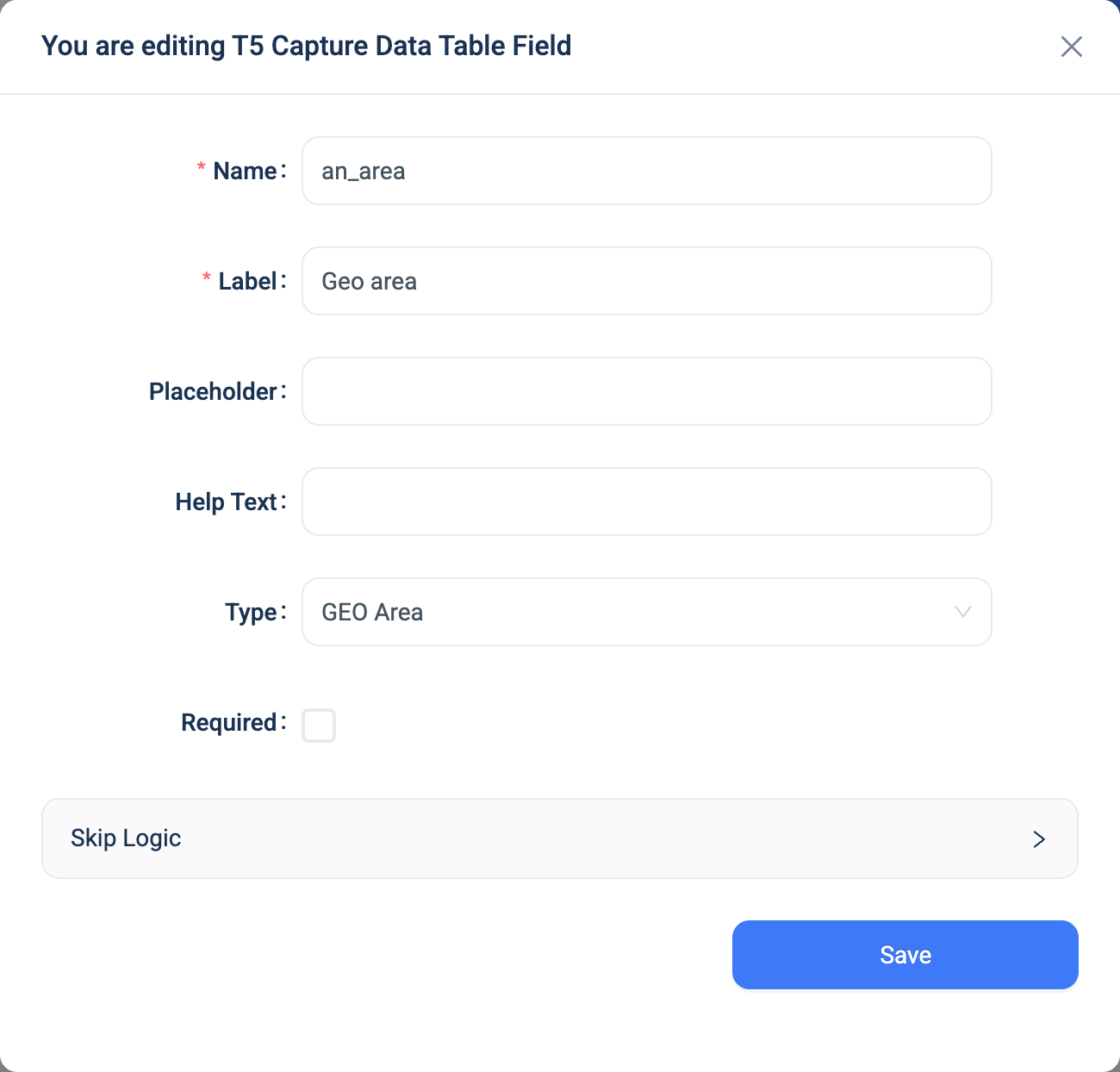 The settings dialogue for a GEO Area question