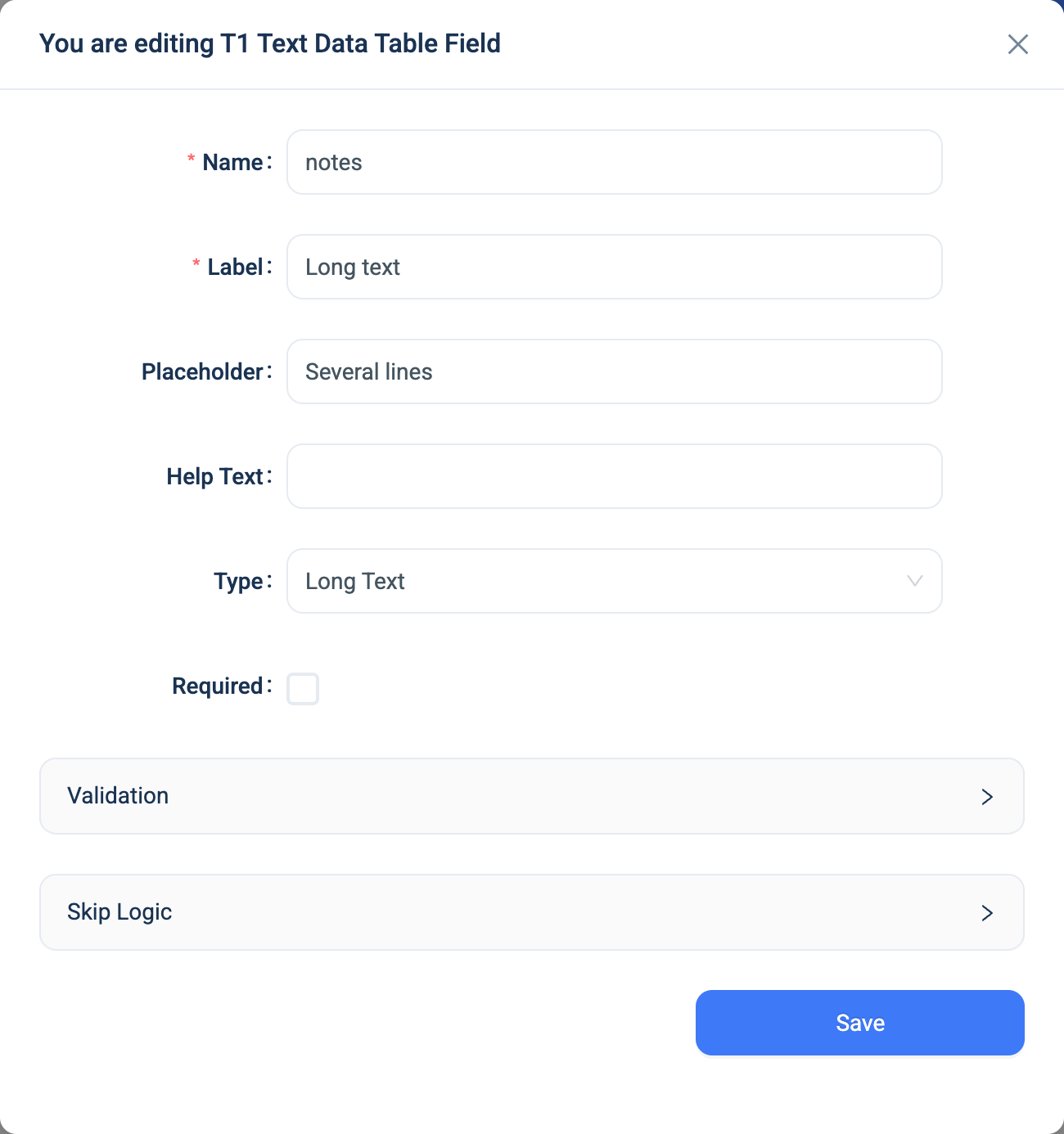 The settings dialogue for a Long Text question