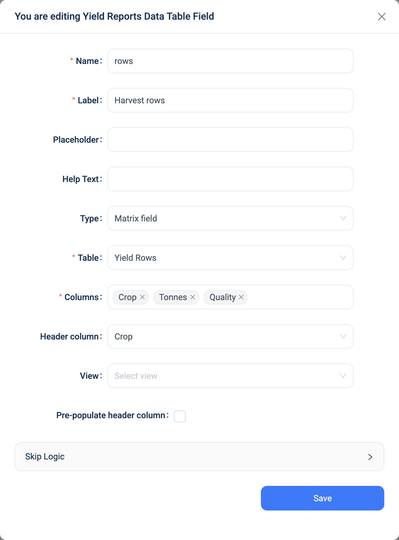 The settings dialogue for a Matrix Field