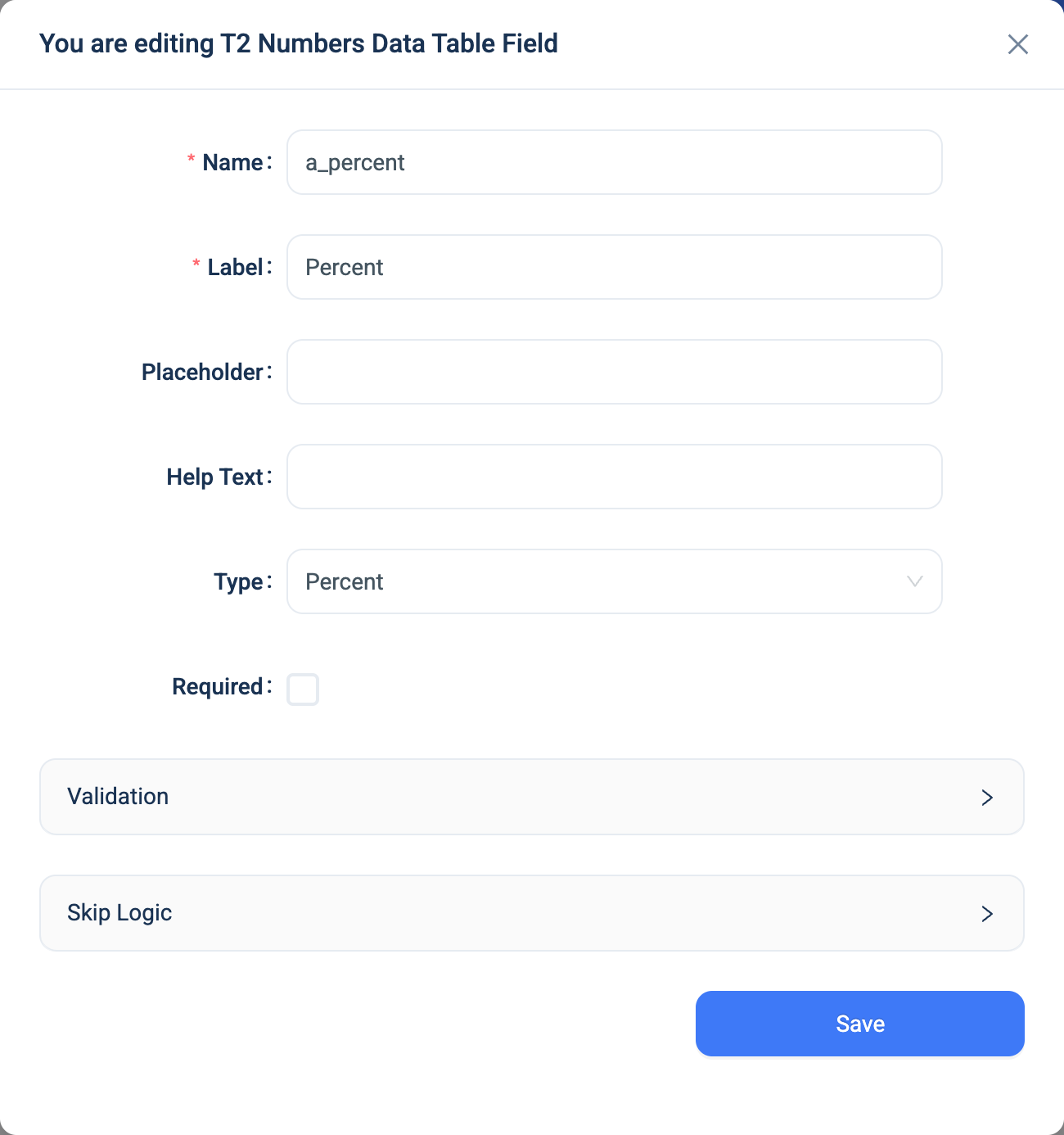 The settings dialogue for a Percent question