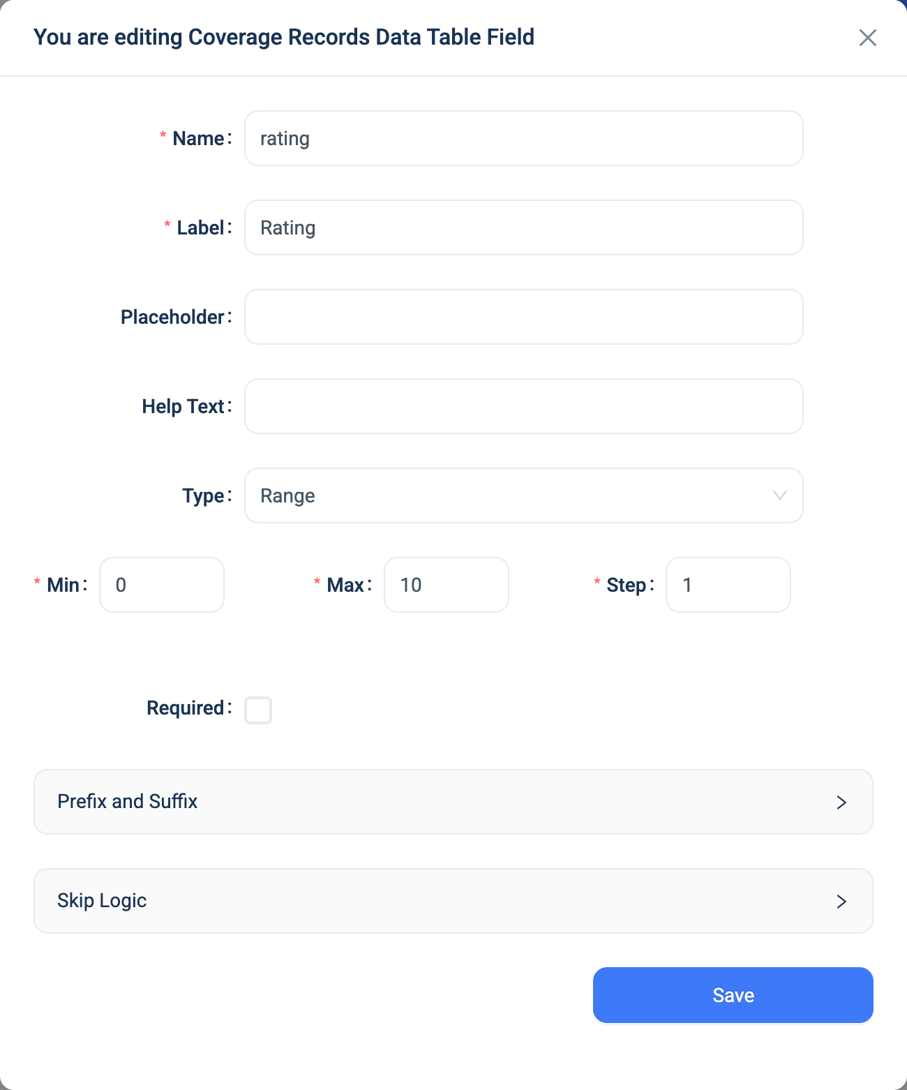 The settings dialogue for a Range question