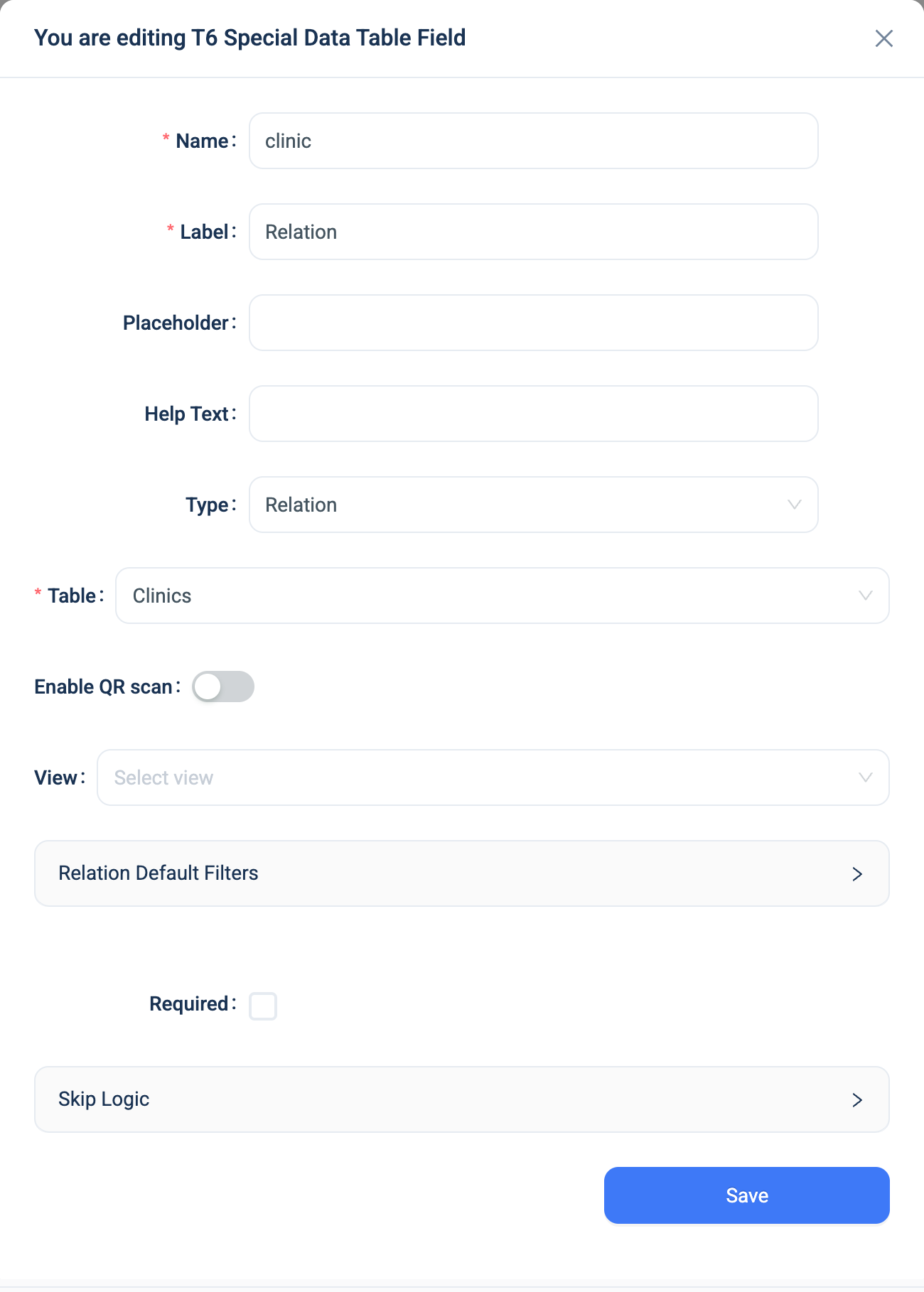 The settings dialogue for a Relation question