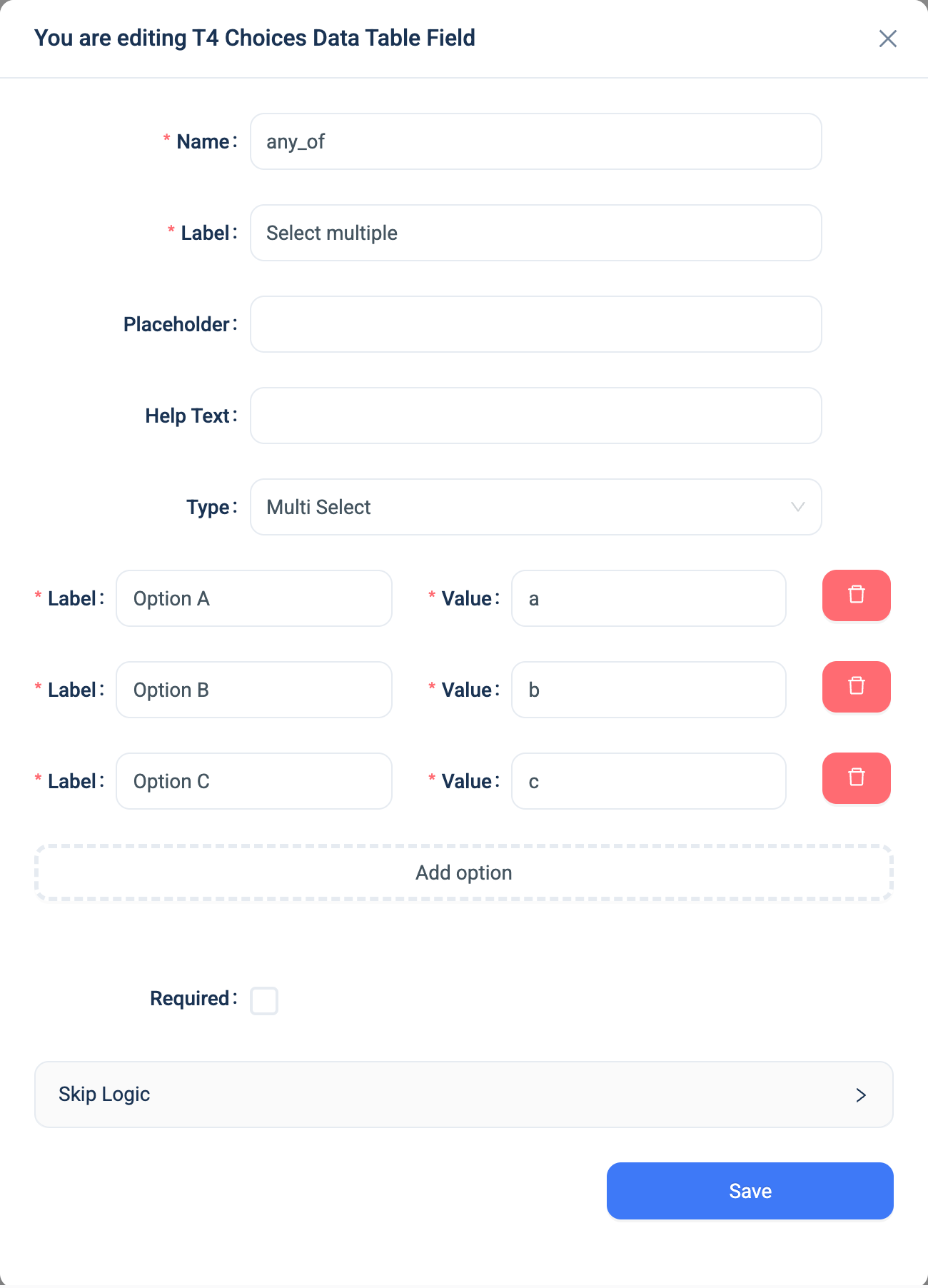 The settings dialogue for a Multi-Select question