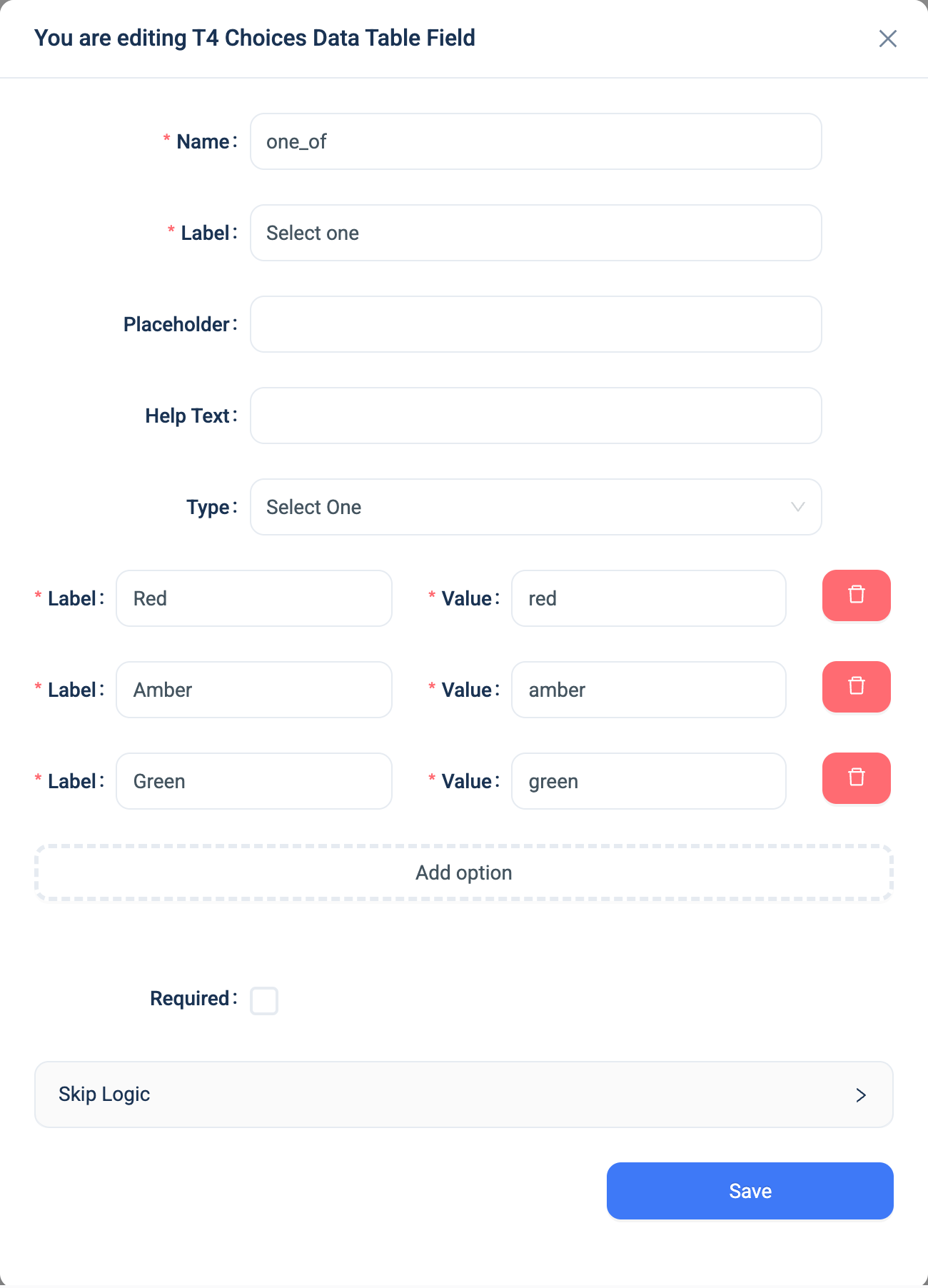 The settings dialogue for a Select One question