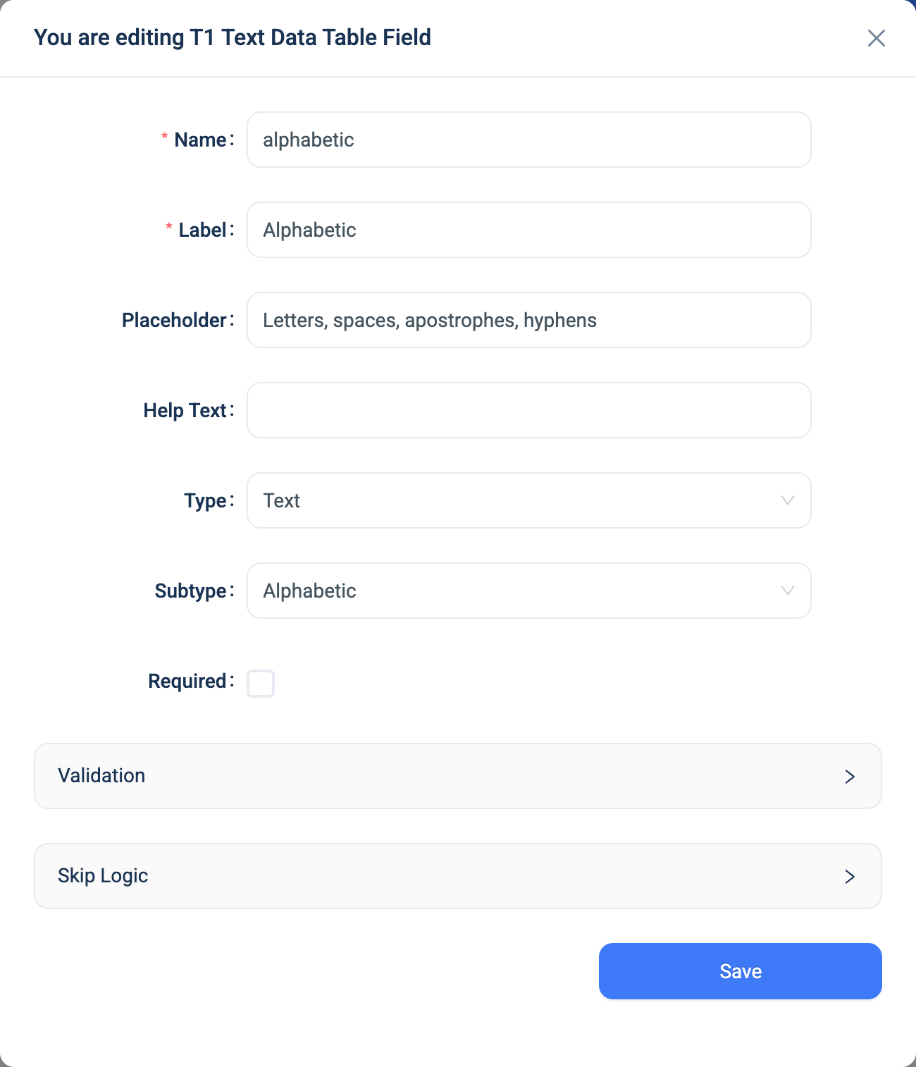 The settings dialogue for a Text question